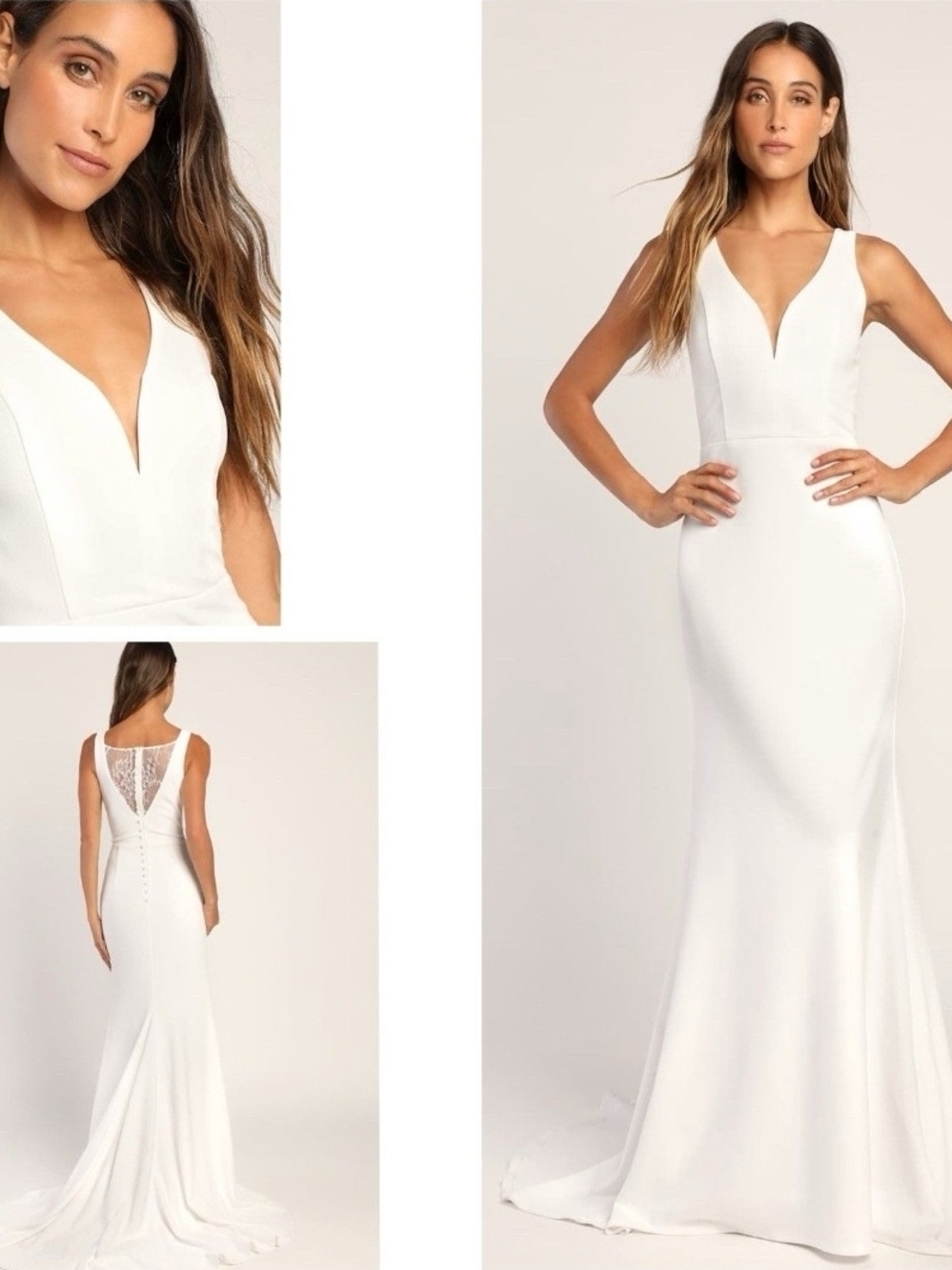 Lulu's White Plunge V-Neck Sleeveless Bridal Gown Size L Nwot